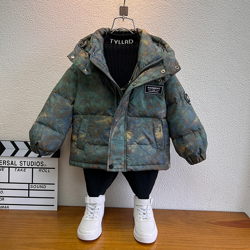 儿童装男童羽绒服冬装白鸭绒保暖外套扎染潮牌宝宝连帽上衣2024新