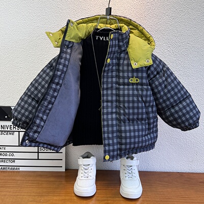男童羽绒棉服冬装加厚宝宝棉袄冬季加绒保暖儿童格子棉衣2025新款