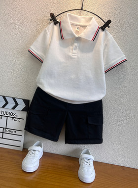 男童polo衫夏季小学生校服纯棉白色短袖t恤套装班服幼儿园服上衣