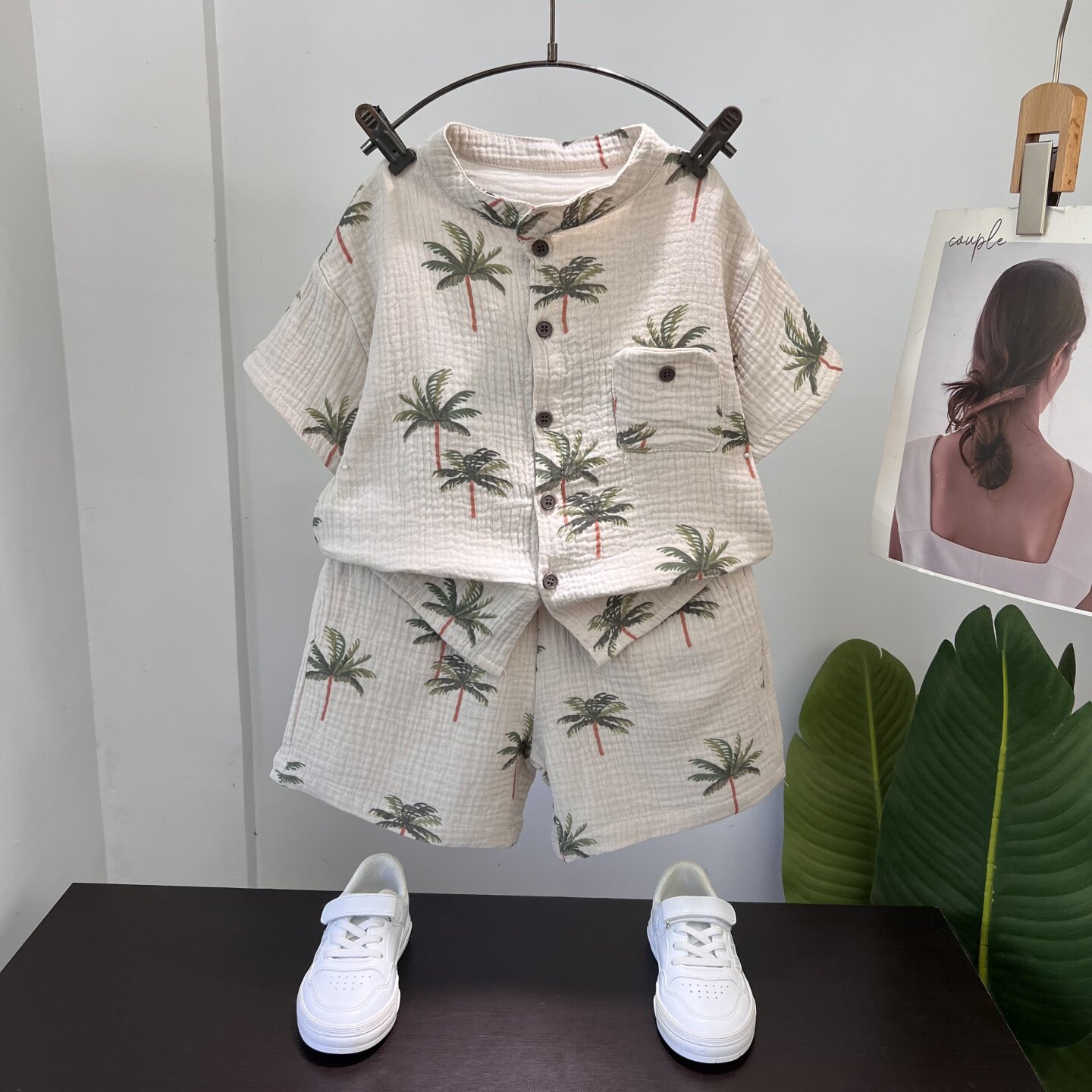 男童夏装套装2026新款小儿童夏季圆领短袖棉麻衬衫海边度假两件套