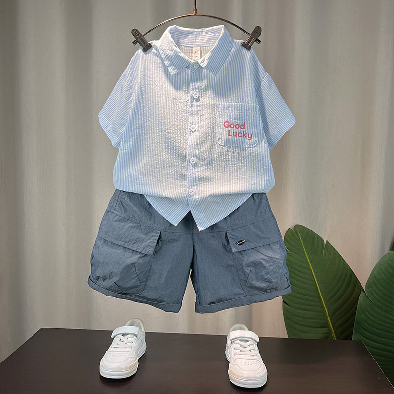 儿童衣服小童装男童套装夏装2026新款宝宝夏季细条纹全棉短袖衬衫图片