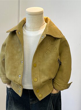 男童女童外套2026新款压花熊儿童皮衣秋季韩版小童宝宝翻领皮夹克