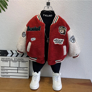 男童加绒毛毛衣外套冬装24新款摇粒绒加厚秋冬儿童宝宝羊羔棒球服