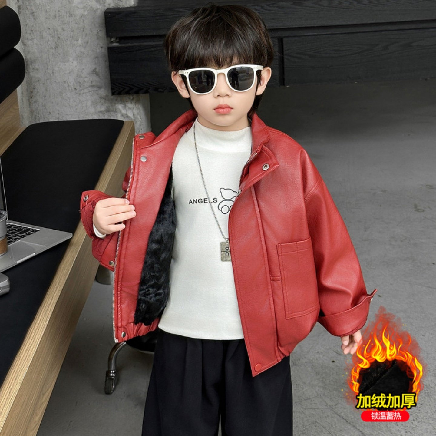 男童冬装加绒皮衣外套2025新款小男孩宝宝机车皮夹克加厚儿童上衣