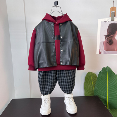 儿童春装卫衣马甲套装2026新款男童格子裤三件套男宝春装好看衣服