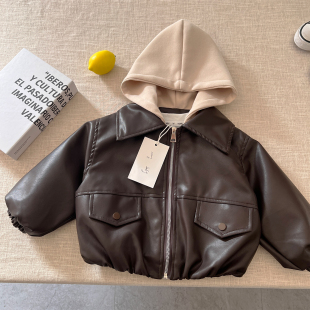 上衣韩版 小童纯色开衫 潮宝宝皮衣女 外套2026新款 儿童皮夹克男春季