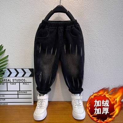 男童加绒裤子2024新款秋冬款一体绒儿童牛仔裤时髦冬季直筒加厚潮