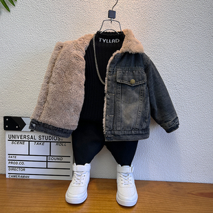 儿童装男童加绒牛仔外套秋冬黑色复古水洗高级感痞帅牛仔衣毛夹克