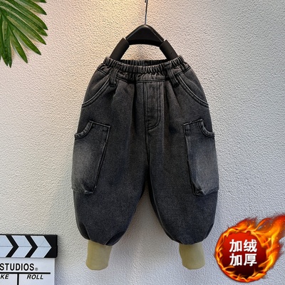 男童加绒加厚保暖裤子冬装儿童工装牛仔裤时髦洋气宝宝哈伦束脚裤