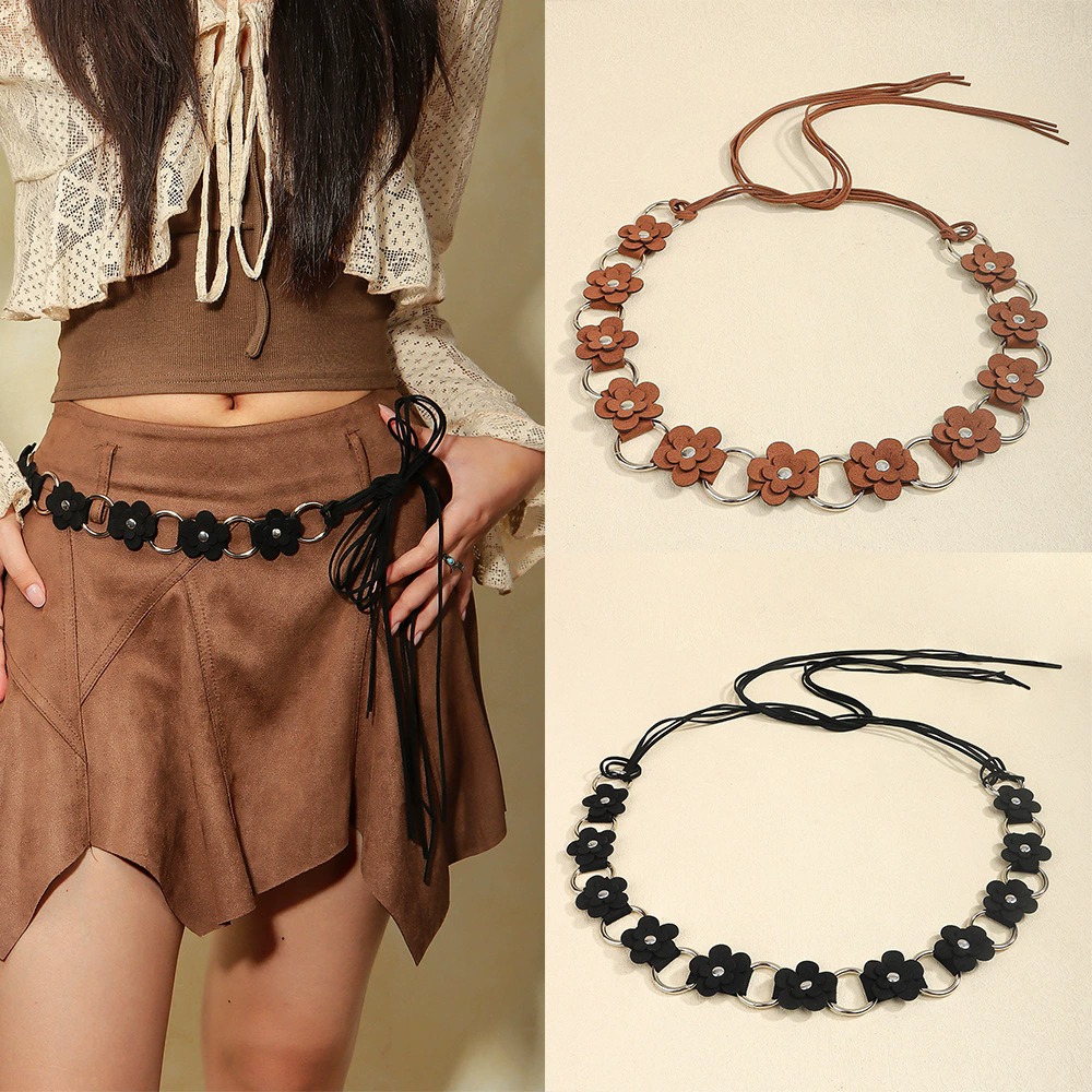 韩版绑带花朵拼片腰带波西米亚风配裙子打结腰带Y2K装饰大衣腰链