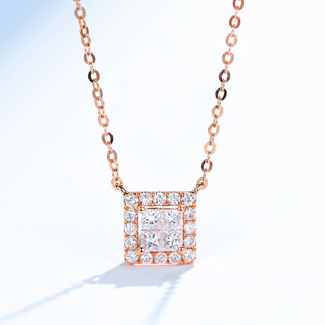 宝石矿工 18k玫瑰金公主方钻石项链锁骨链女真钻 小清新精致吊坠