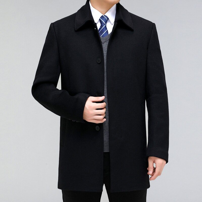 2024羊绒大衣男双面呢羊毛外套黑色商务休闲宽松中年毛呢男式大衣