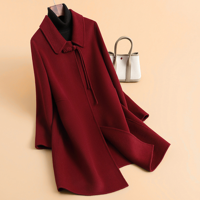 2025秋季新款大码女装羊毛大衣新中式高端红色大衣中长款毛呢外套