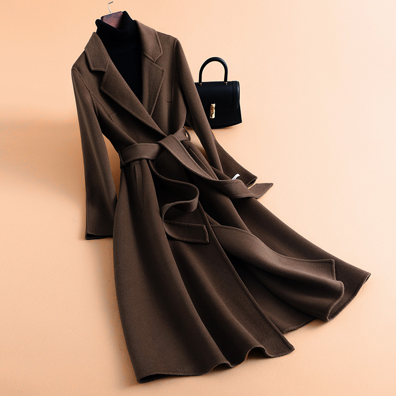 双面呢含羊绒大衣秋冬季新款赫本风长款系带气质显瘦毛呢大衣外套