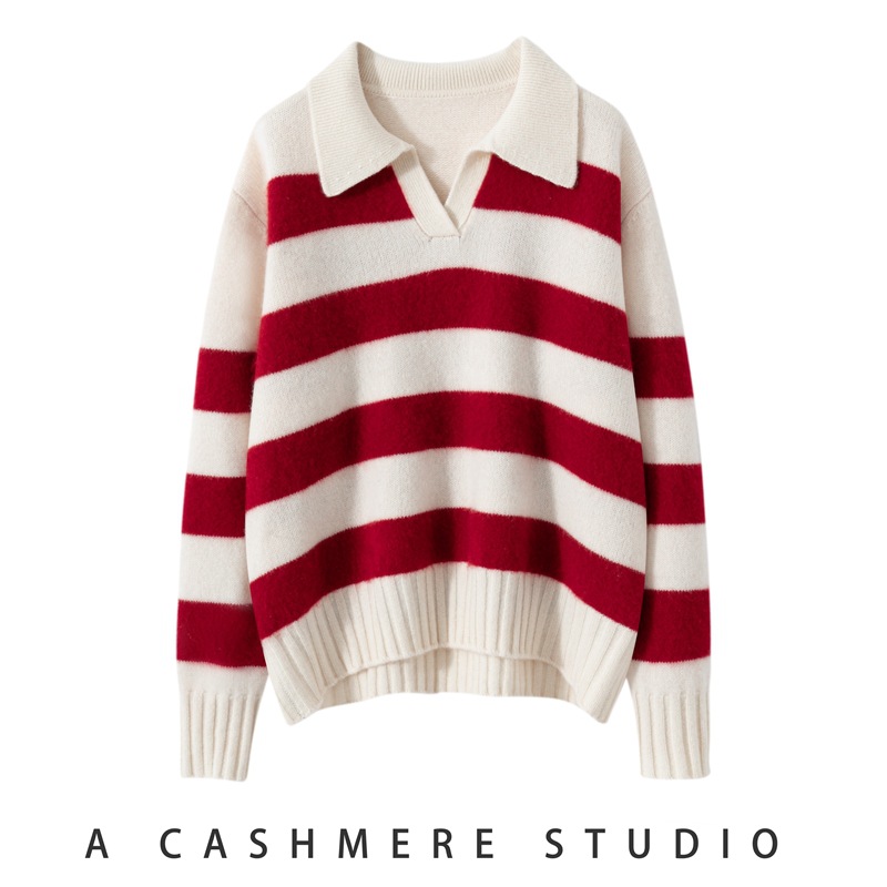 鄂尔*斯产2024秋冬新款100%纯山羊绒衫女撞色条纹宽松慵懒风毛衣