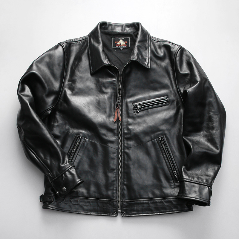 复古日系穆赫兰道头层马皮皮衣男翻领轻蜡染树膏真皮夹克