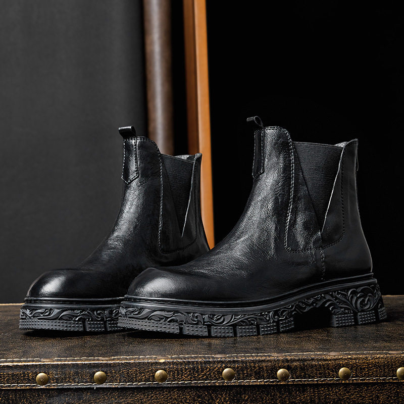后拉链切尔西短靴男真皮英伦低帮皮鞋厚底牛皮靴子2023新款