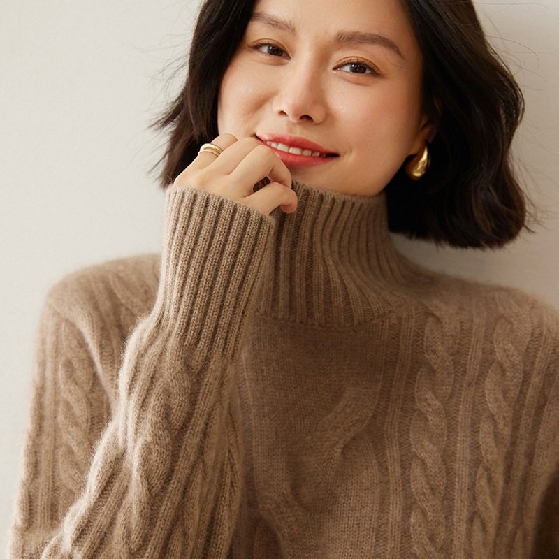 加厚100纯羊绒衫女高领宽松韩版针织打底衫2024秋冬高档麻花毛衣