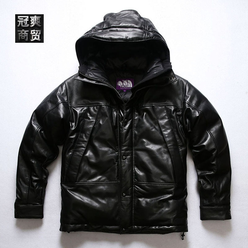 连帽绵羊皮白鸭子绒羽绒服男直供休闲运动中长款加厚真皮羽