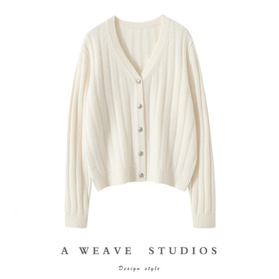 v领羊绒开衫女100纯山羊绒2024秋冬新款加厚抽条外套宽松针织毛衣