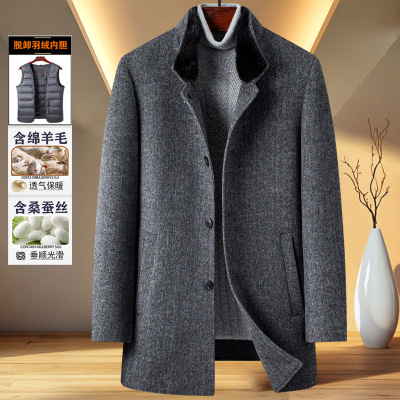 高档羊毛双面呢大衣男士水貂毛领冬季加厚脱卸羽绒内胆桑蚕丝外套