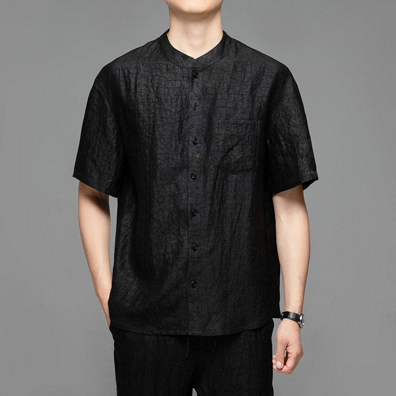 100%桑蚕丝龟裂纹香云纱短袖衬衫夏季男士高端新中式真丝汉服