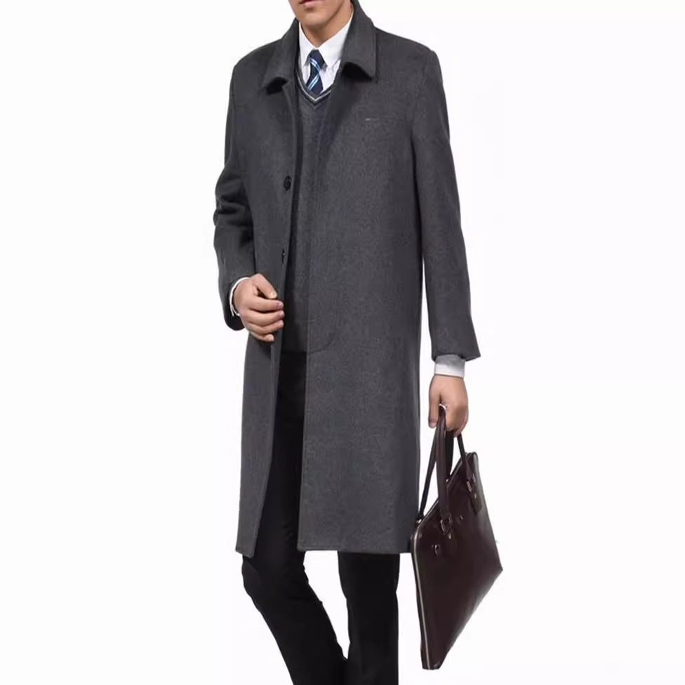2025年男士中长款羊毛大衣方领暗门襟风衣外套灰黑色工厂定制