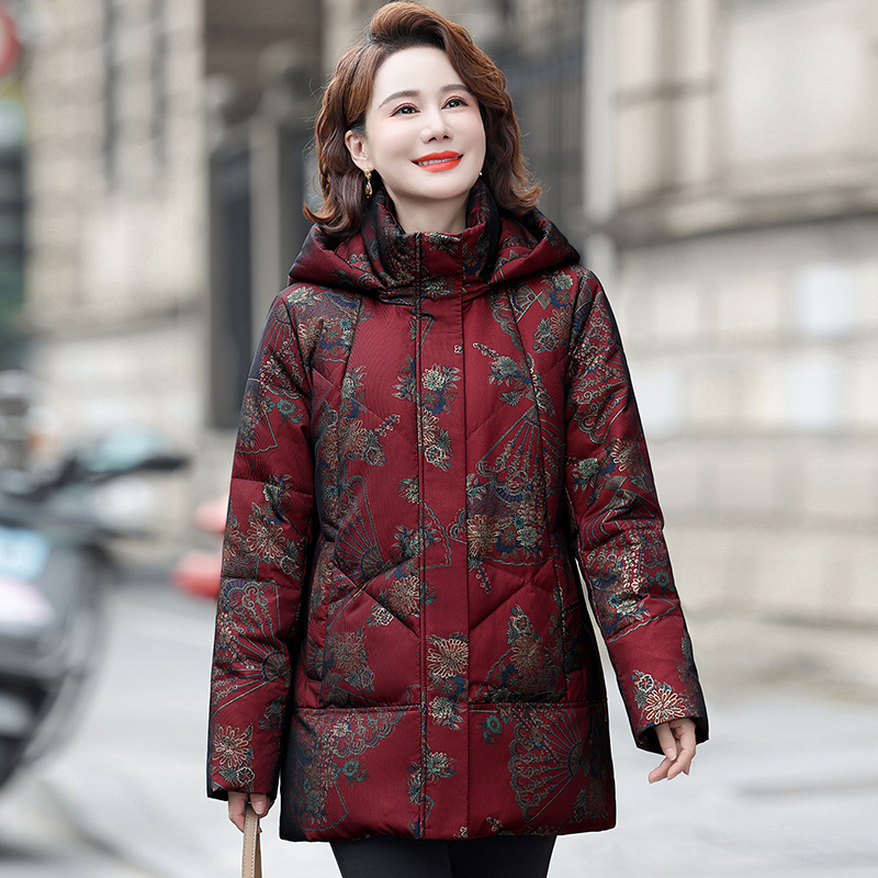 专柜高端白鸭绒羽绒服女2024冬季花色加肥大码老年人妈妈加厚外套