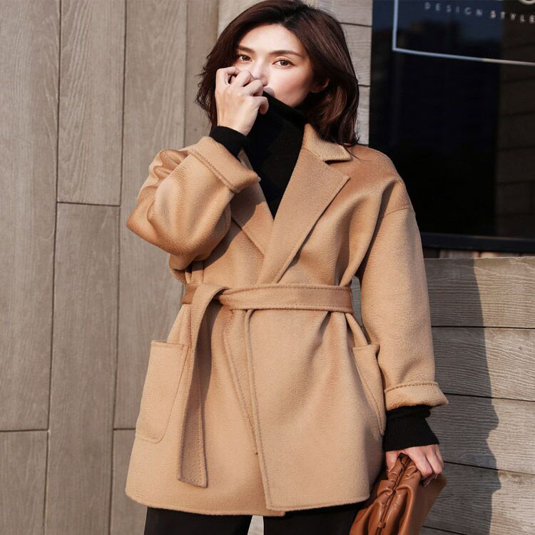 驼色水波纹双面羊绒大衣女短款2021年新款小个子轻奢羊毛呢子外套