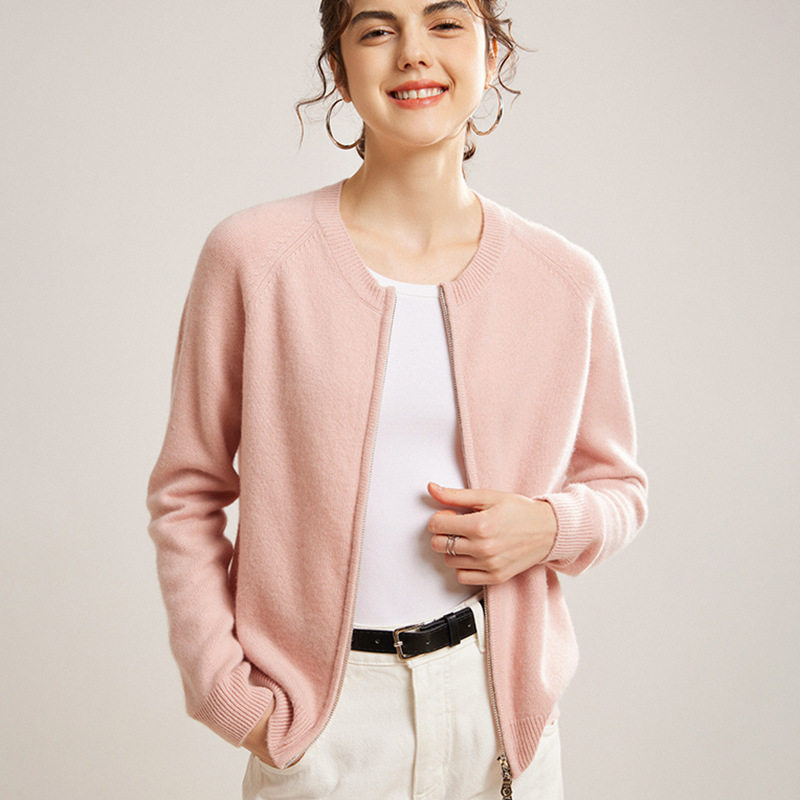 100%纯康家山羊绒开衫女圆领拉链毛衣宽松2024秋新款春冬外搭针织