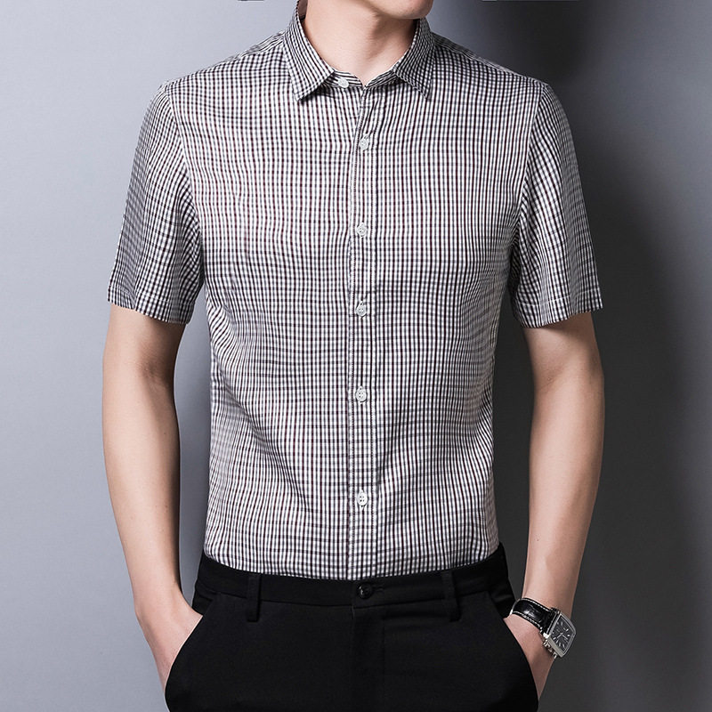 夏季新款纯桑蚕丝格子短袖衬衫男宽松薄款中年爸爸装丝绸半袖衬衣