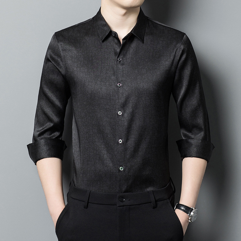 重磅香云纱真丝长袖男士衬衫夏季新款桑蚕丝商务休闲薄款中年衬衣