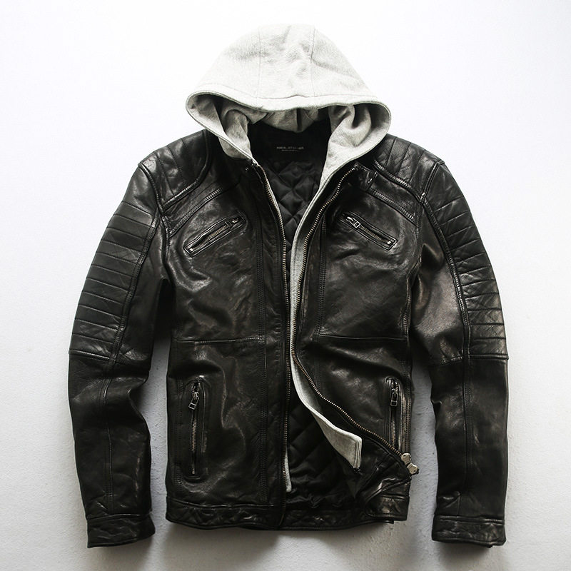 涂水染头层植鞣绵羊皮夹克 男机车运动休闲连帽真皮皮衣