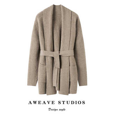 气质慵懒加厚系带宽松山羊绒开衫女中长款外套针织大衣外搭羊绒衫