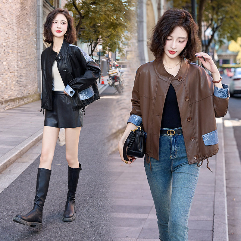 正品春秋款真皮绵羊皮女士短款宽松小个子宽松高端皮衣皮夹克外套