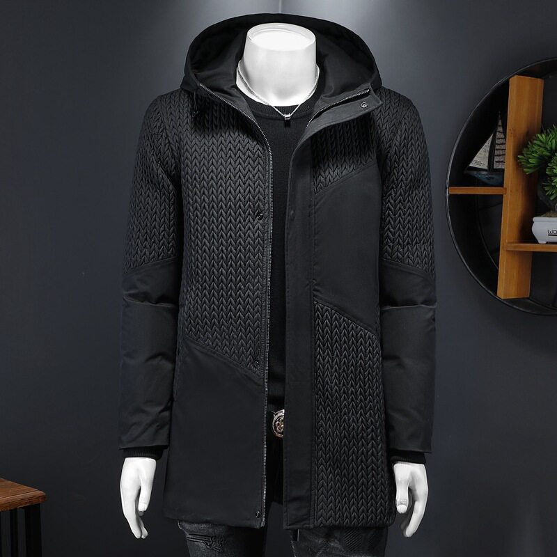 欧货2024秋冬装新款男士高品质中长款麦穗拼接连帽羽绒服保暖外套