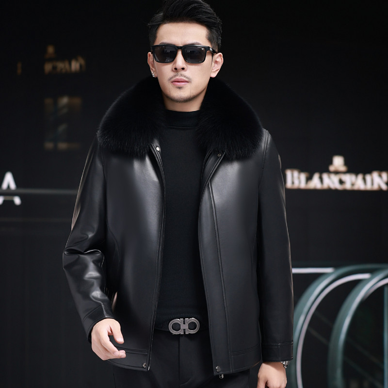 真皮皮衣男绵羊皮秋冬加厚中老年爸爸装纯皮大码羽绒服爷爷皮夹克