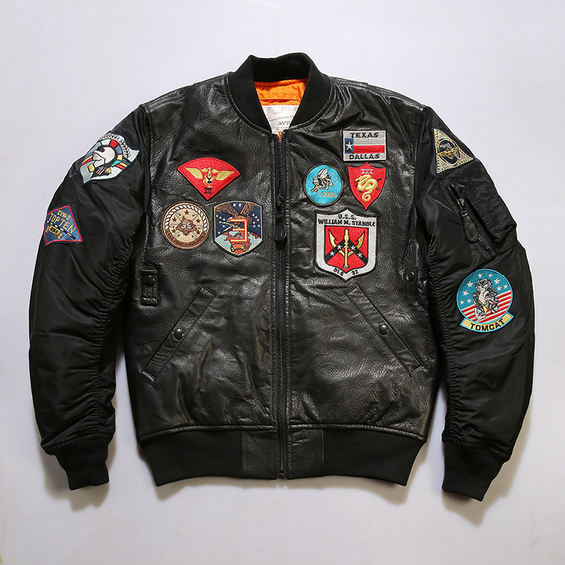 美式MA-1夹棉棒球夹克男立领运动休闲多标新西兰绵羊皮皮衣