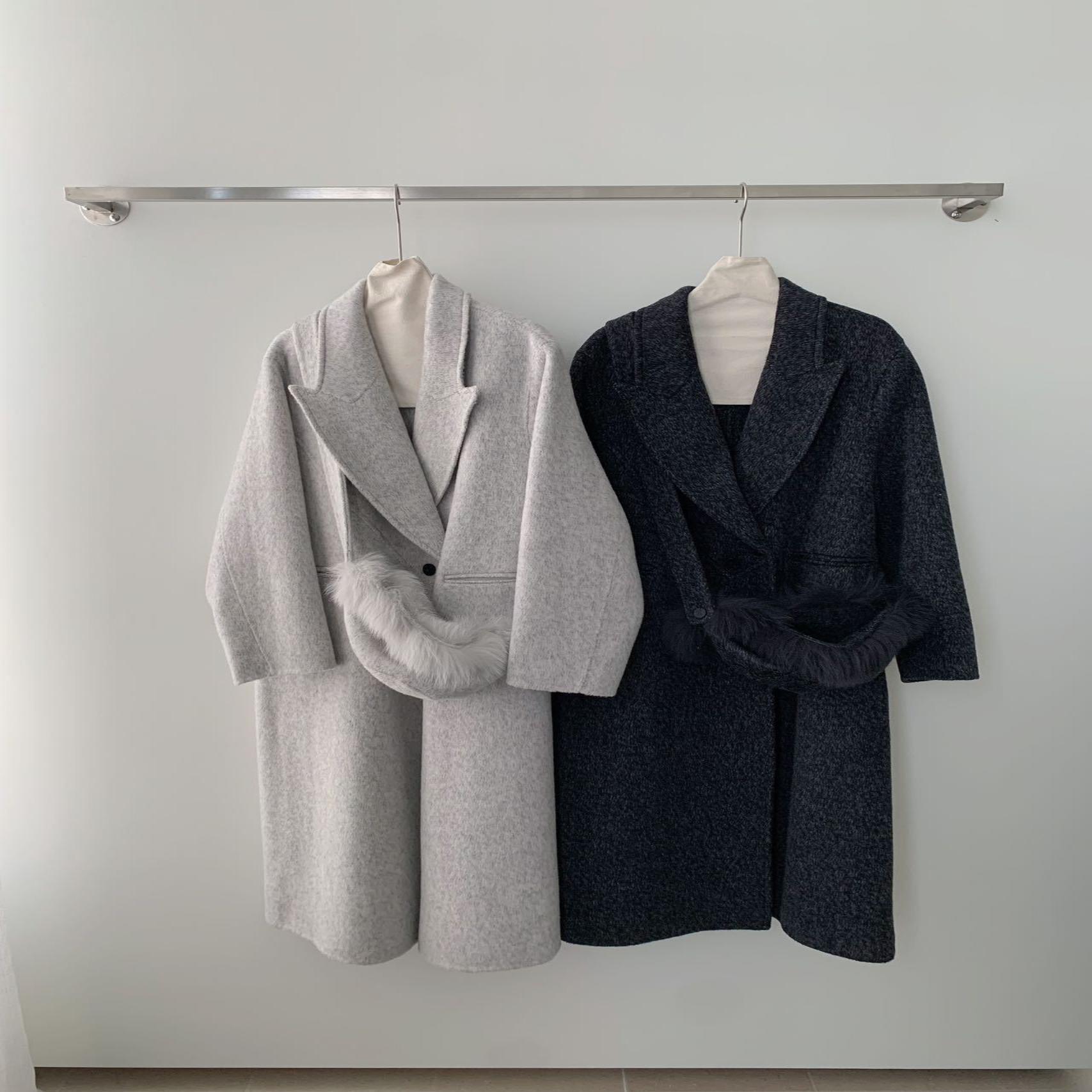 东大门包包帽子款双面羊毛大衣 长款加毛毛宽松加厚保暖简约外套