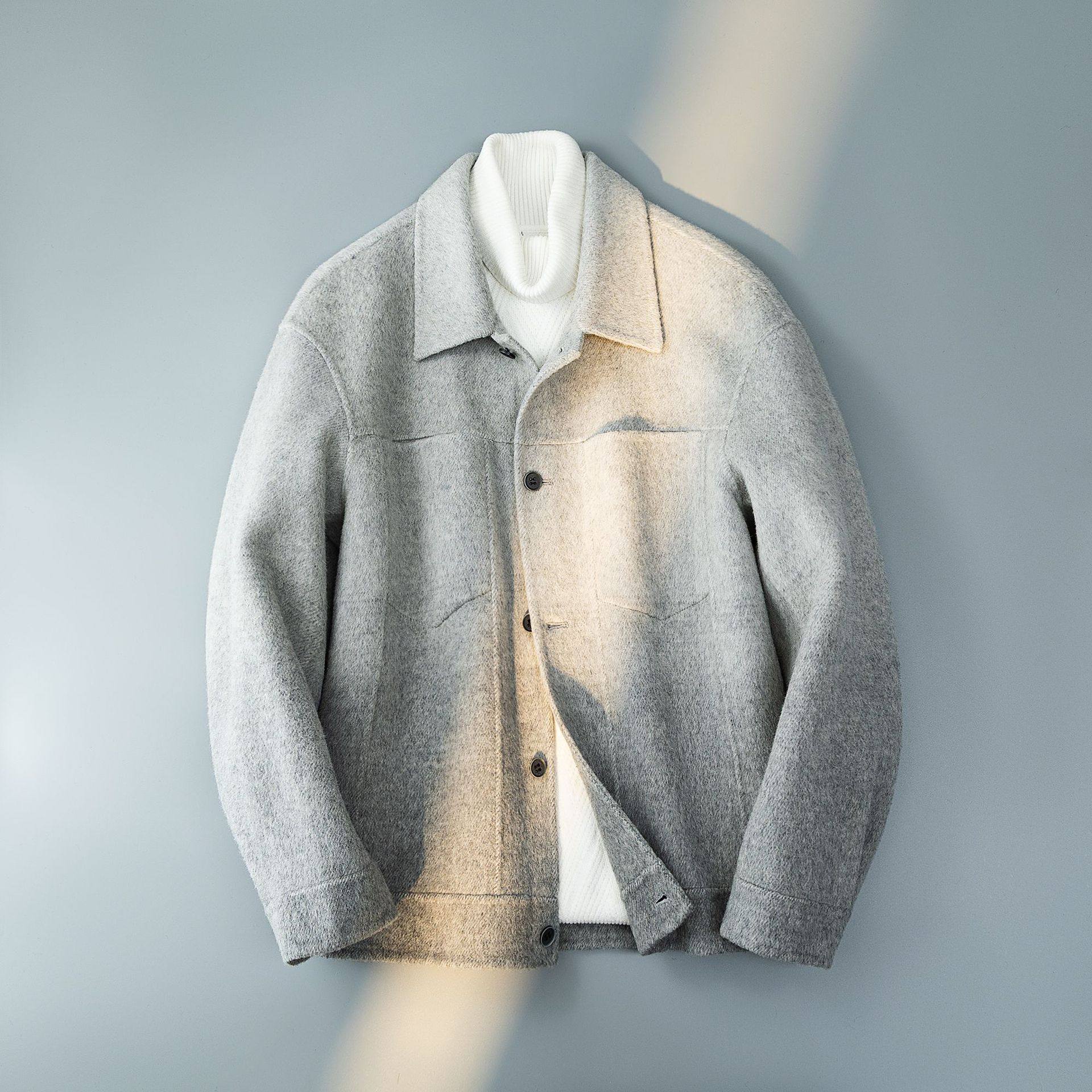 欧洲站2024秋冬男士新款短款毛呢大衣外套英伦风渐变休闲羊毛夹克