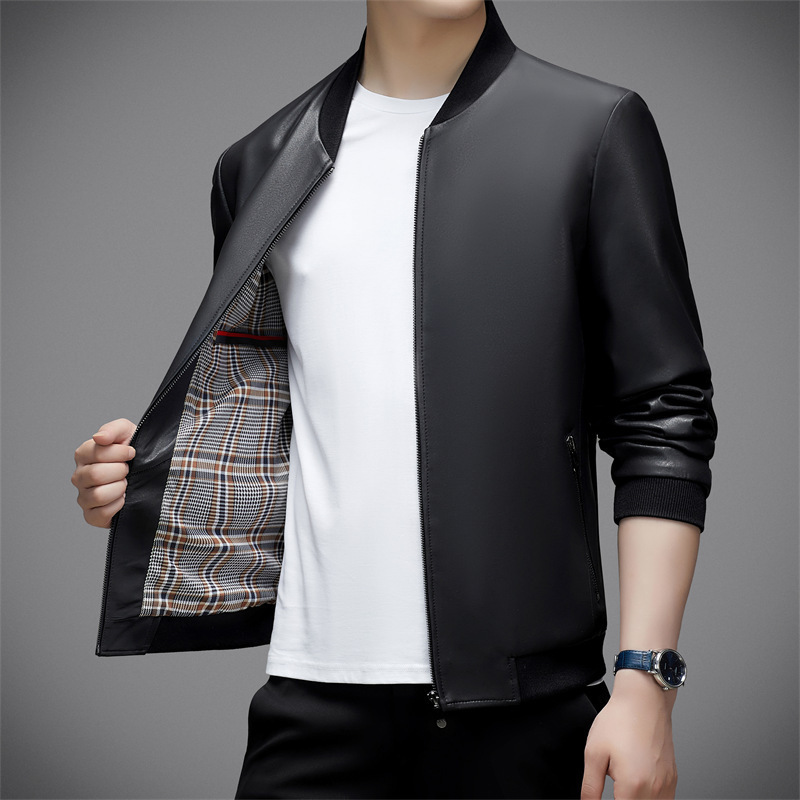 2024秋冬男装绵羊皮拉链棒球领真皮夹克外套上衣宽松型时尚都市款