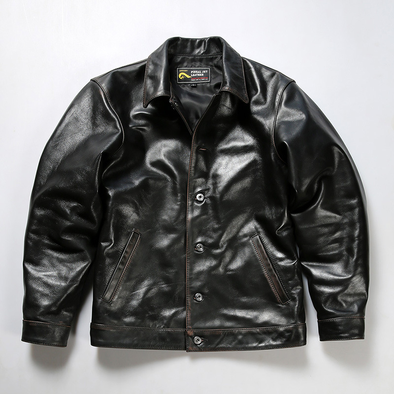 机车茶芯马皮皮衣男士日系复古翻领真皮夹克