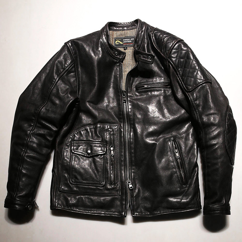 小贝拼接J22款茶芯马皮皮衣男复古做旧阿美咔叽立领机车真皮皮衣