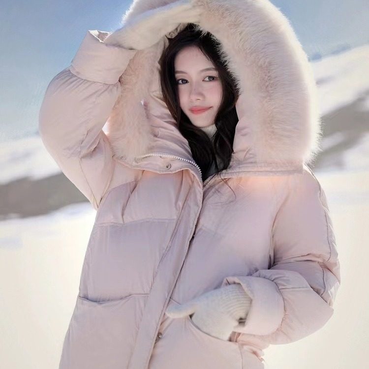 五防长款90鹅绒服女收腰修身外套狐狸毛领轻薄保暖羽绒服立体图案