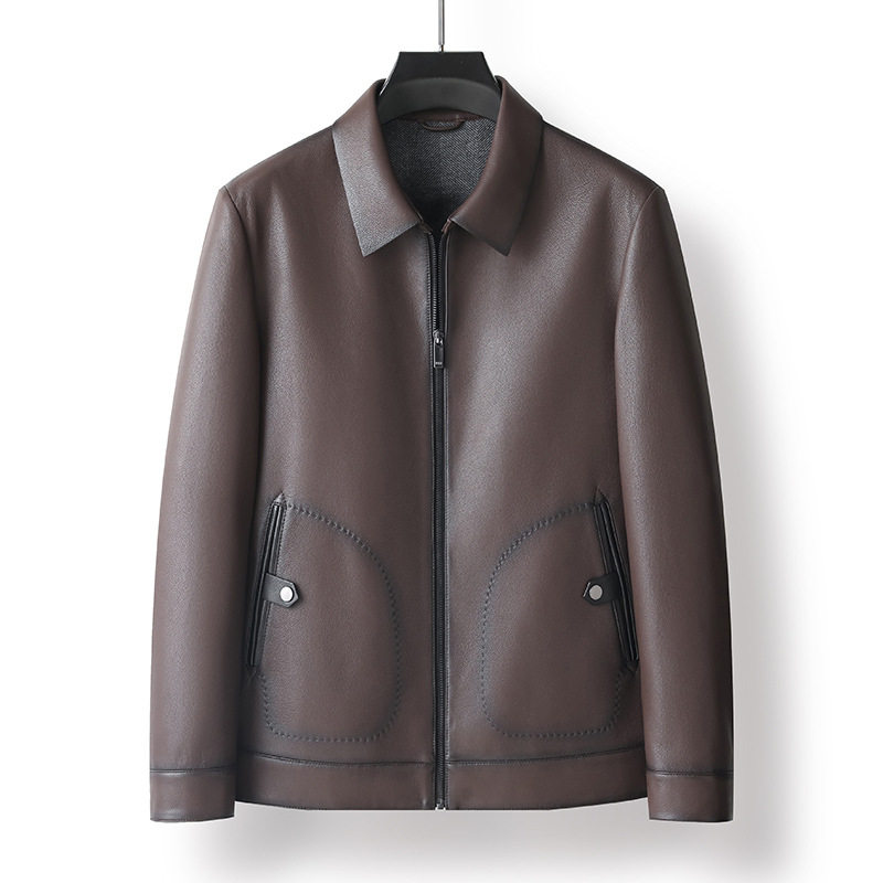 海宁真皮皮衣2025年秋季新款中老年男士翻领拉链羊皮夹克休闲外套