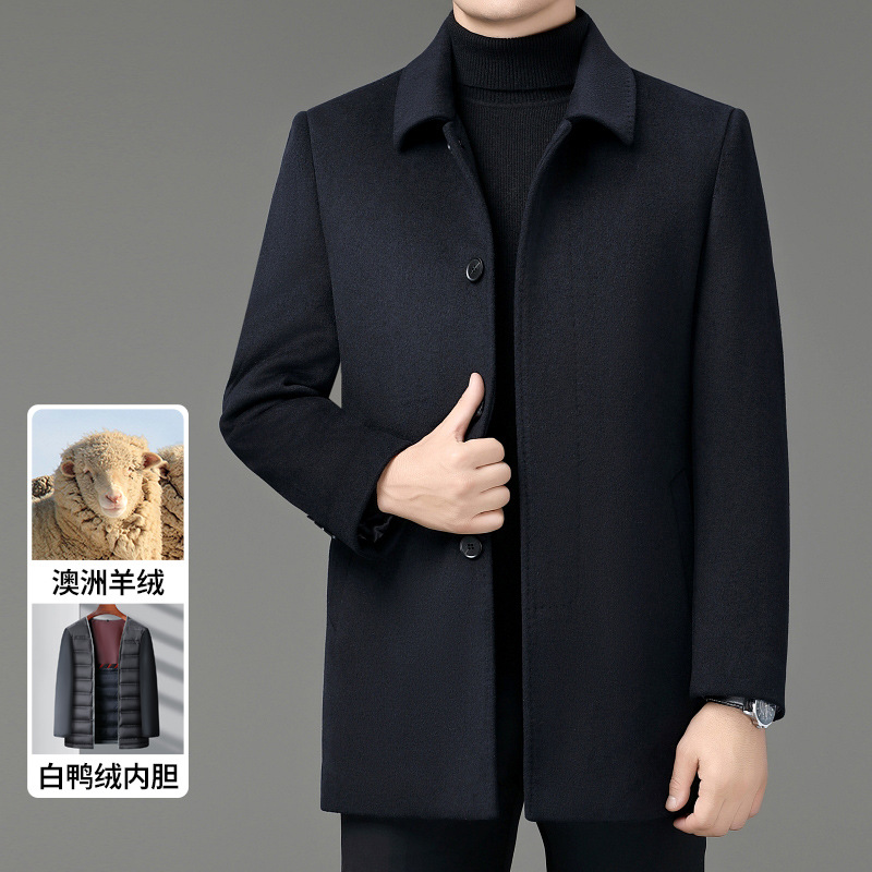 爸爸冬装男式双面尼羊毛呢子大衣中长款羽绒内胆羊绒大衣保暖外套