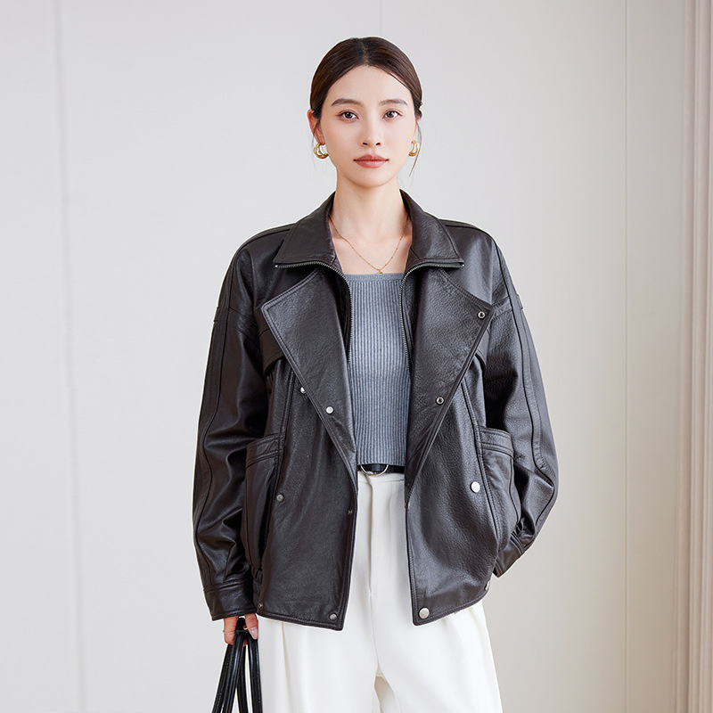 2025秋季新款机车风皮夹克真皮皮衣短款小个子高级感女士皮衣外套