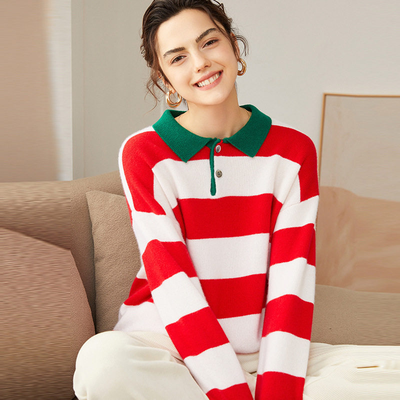 超好看~撞色Polo领羊绒衫女100净山羊绒拼色条纹气质显瘦翻领上衣