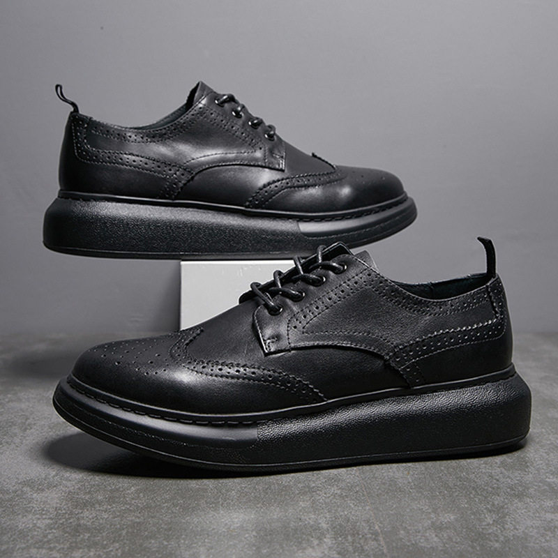 厚底布雕花皮鞋男真皮英伦潮流系带增高休闲皮鞋软底