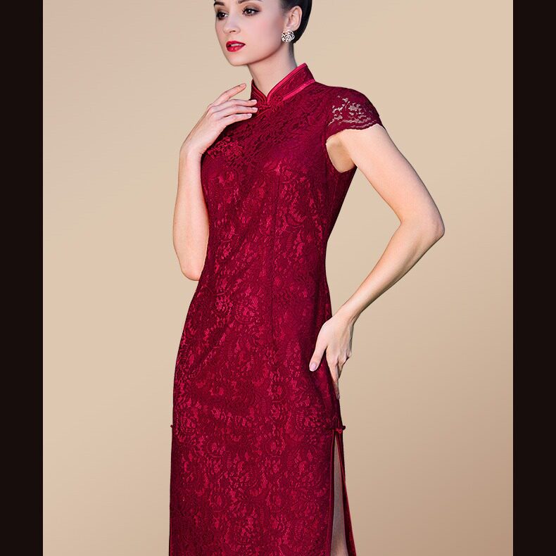 上海旗袍定制酒红色蕾丝礼服裙气质女神结婚连衣裙演出服
